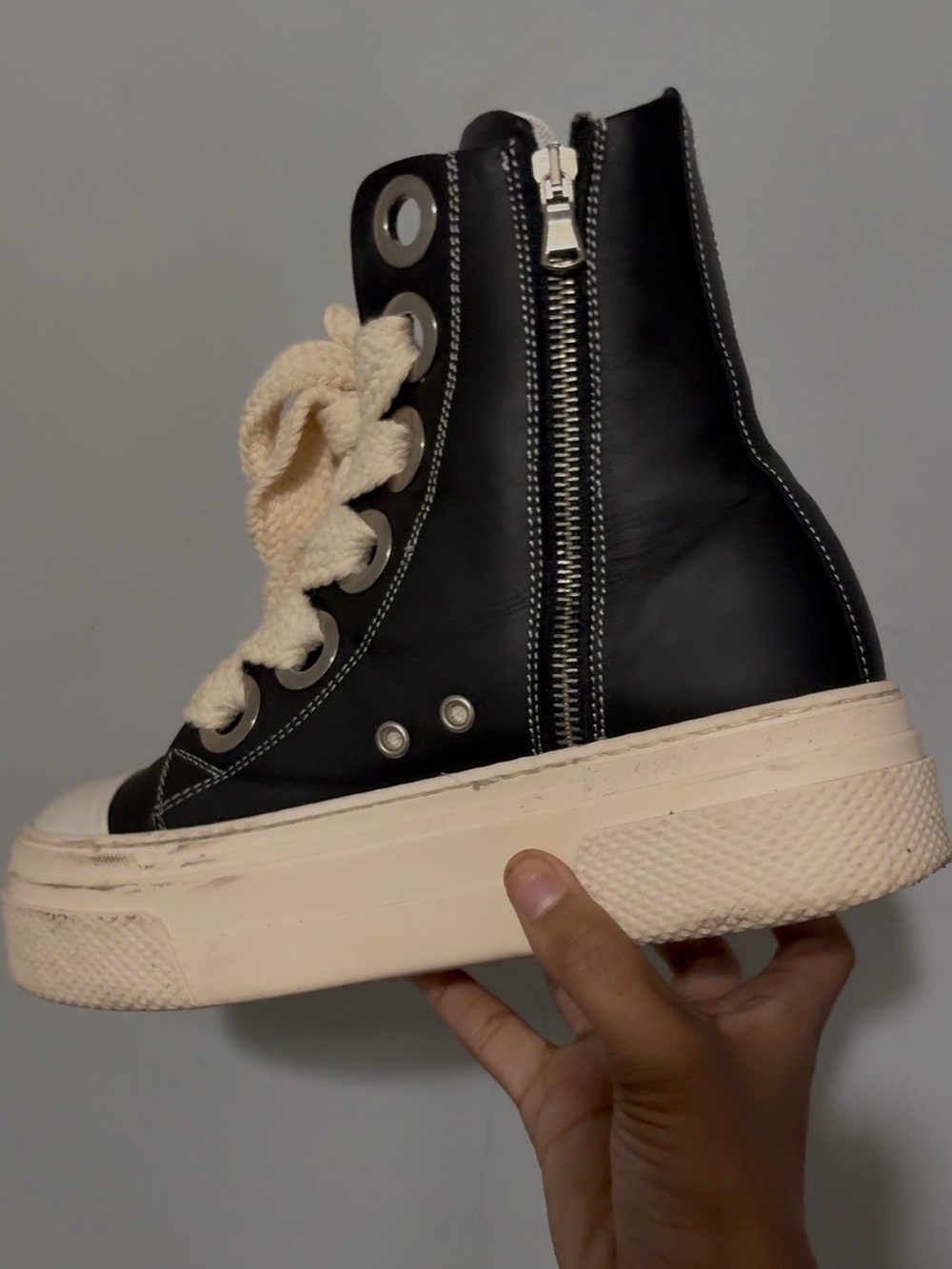 Black High-Top Platform Lace-Up Boot with Cream Laces
